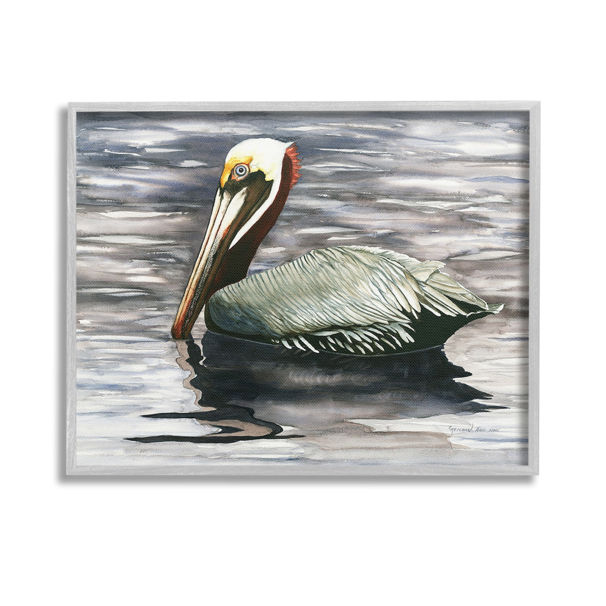 Stupell Industries Swimming Nautical Pelican Animals & Insects Painting Gray Framed Art Print Wall Art, 14 x 11