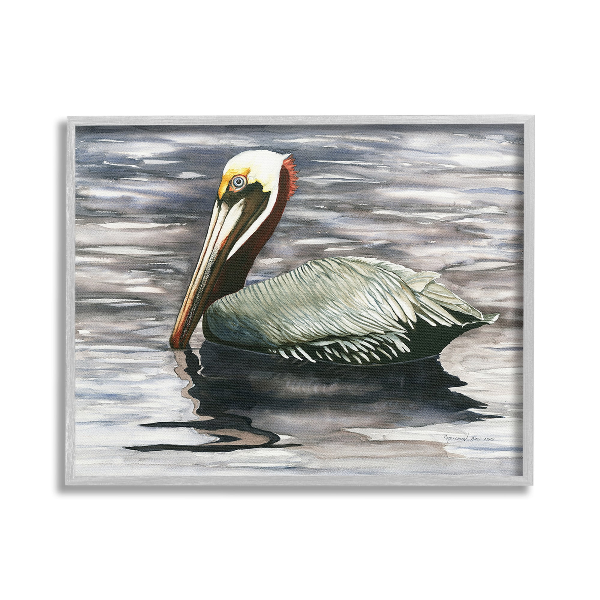 Stupell Industries Swimming Nautical Pelican Animals & Insects Painting Gray Framed Art Print Wall Art, 20 x 16
