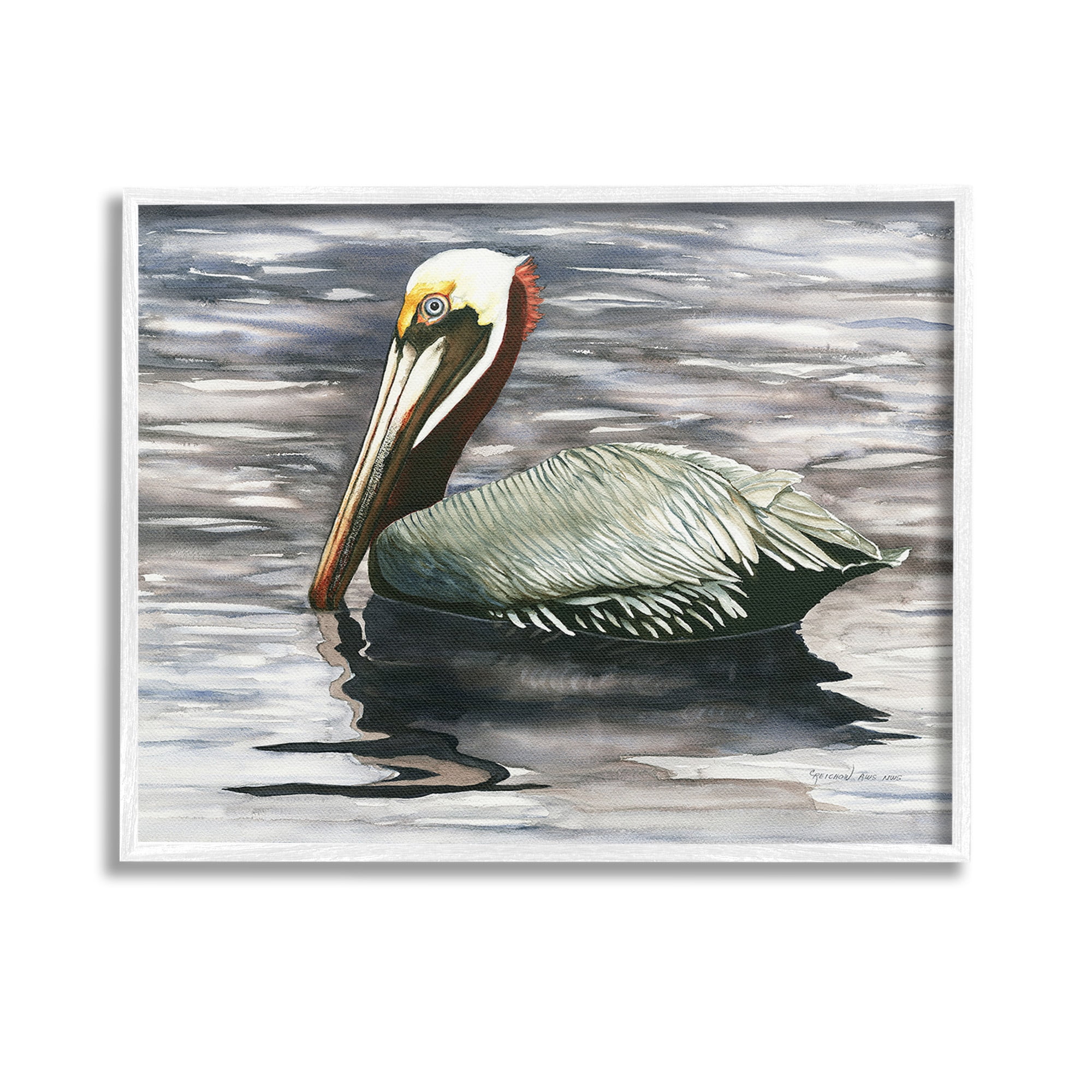Stupell Industries Swimming Nautical Pelican Animals & Insects Painting White Framed Art Print Wall Art, 14 x 11