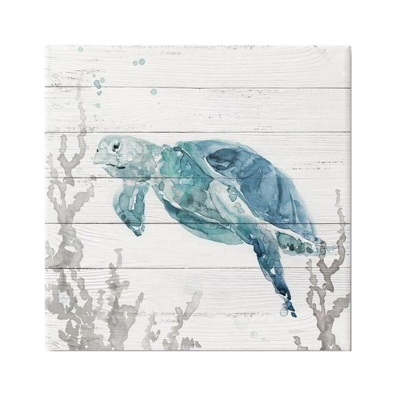 Stupell Industries Swimming Sea Turtle Coral Beach Plank Design Graphic Art Gallery Wrapped Canvas Print Wall Art, Design by Carol Robinson