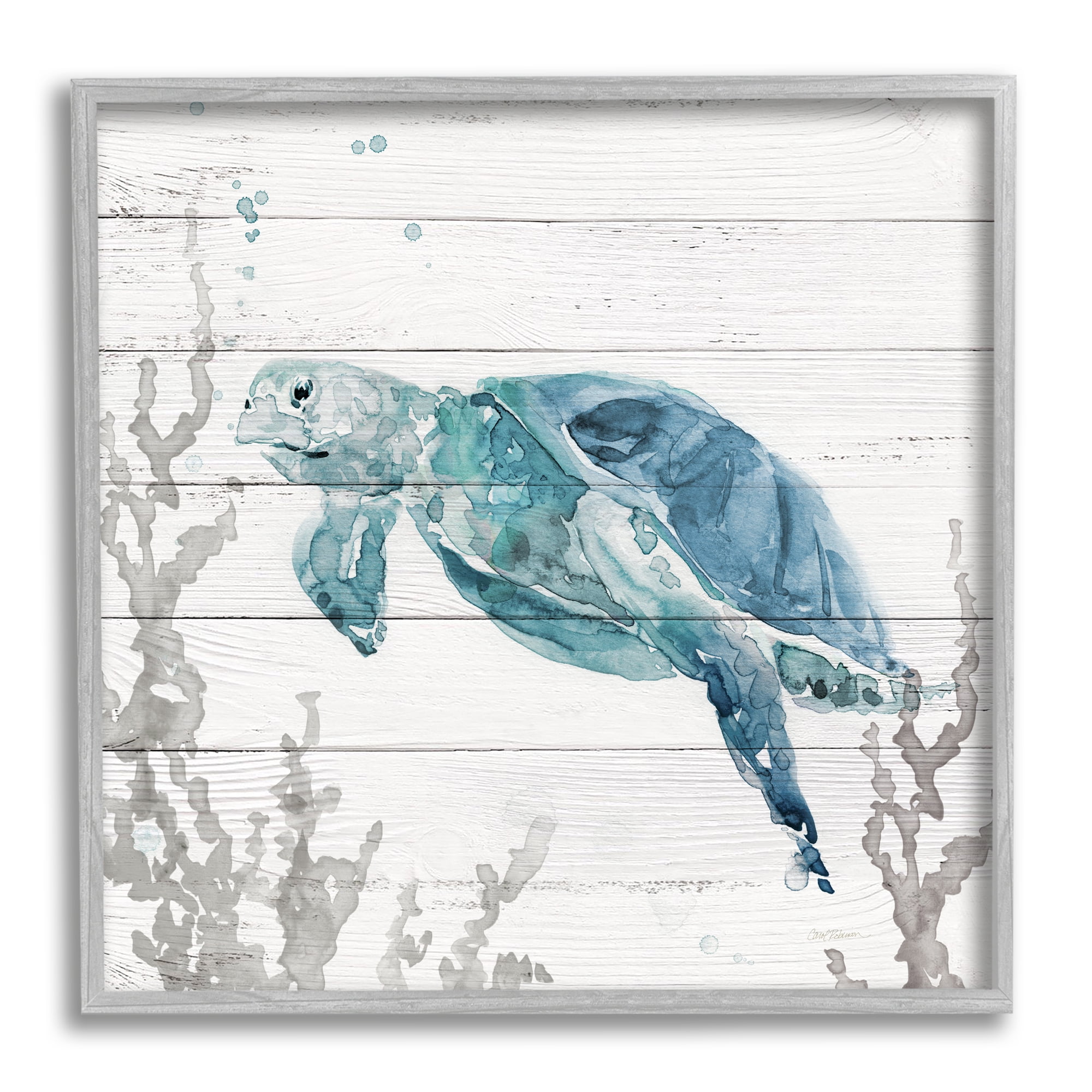 Stupell Industries Swimming Sea Turtle Coral Beach Plank Design Graphic Art Gray Framed Art Print Wall Art, Design by Carol Robinson