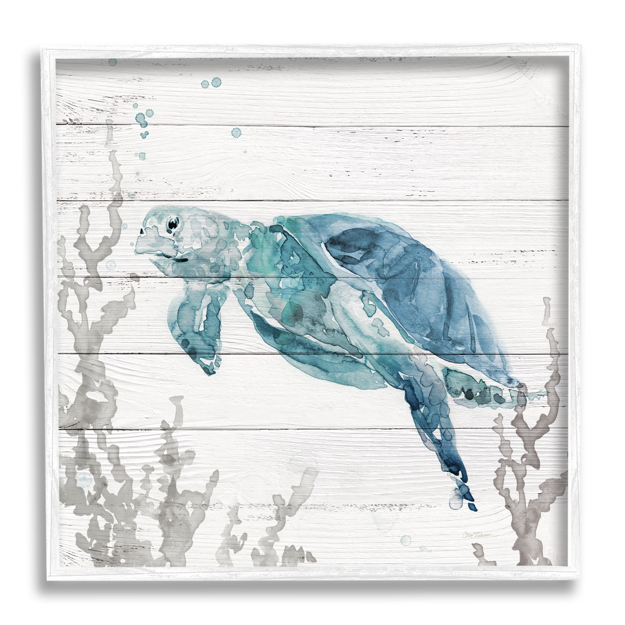 Stupell Industries Swimming Sea Turtle Coral Beach Plank Design Graphic Art White Framed Art Print Wall Art, Design by Carol Robinson