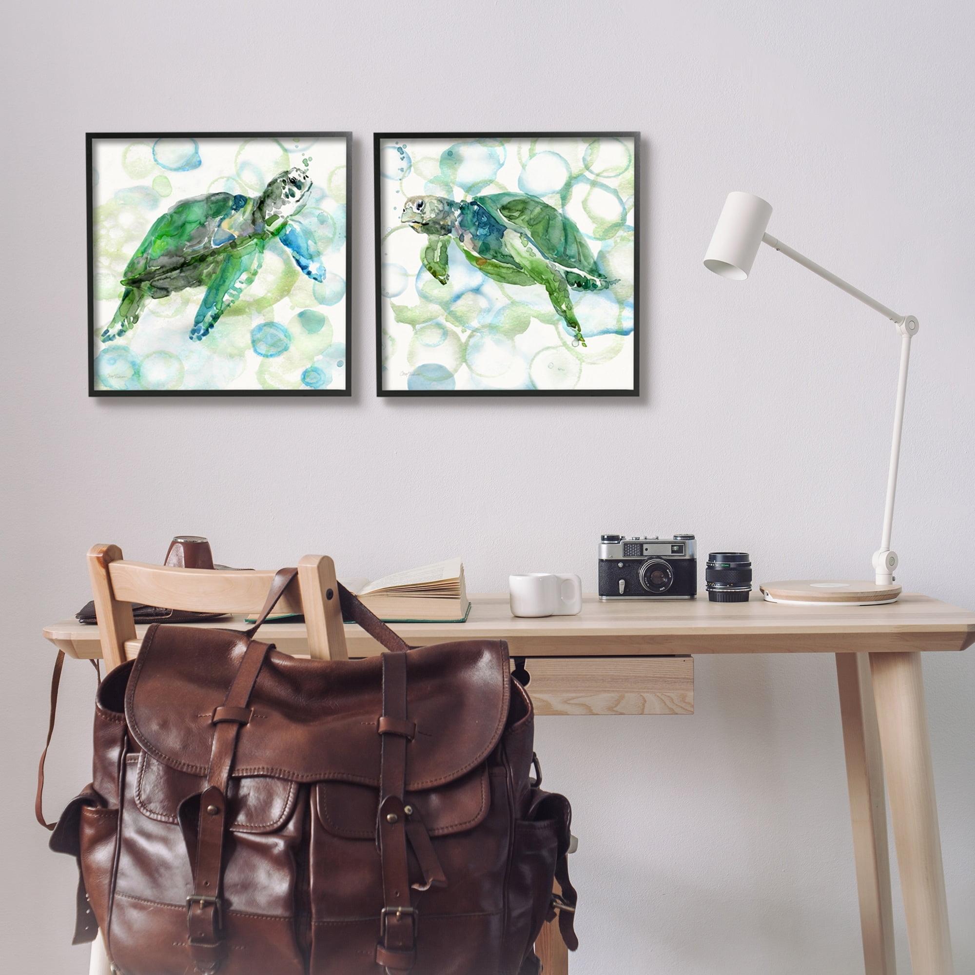 Swimming Sea Turtle Print on Canvas with Black Frame, Set of 2