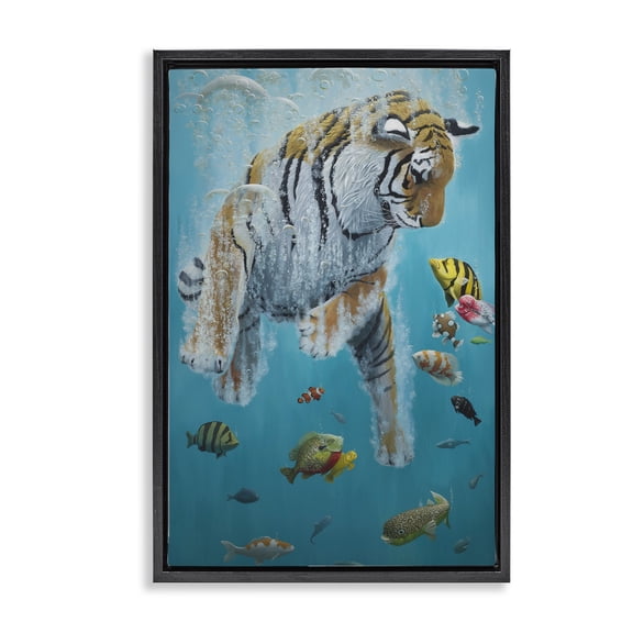 Stupell Industries Swimming Tiger Among Fish Animals Painting Black Floater Framed Canvas Art Print Wall Art, 17 x 25