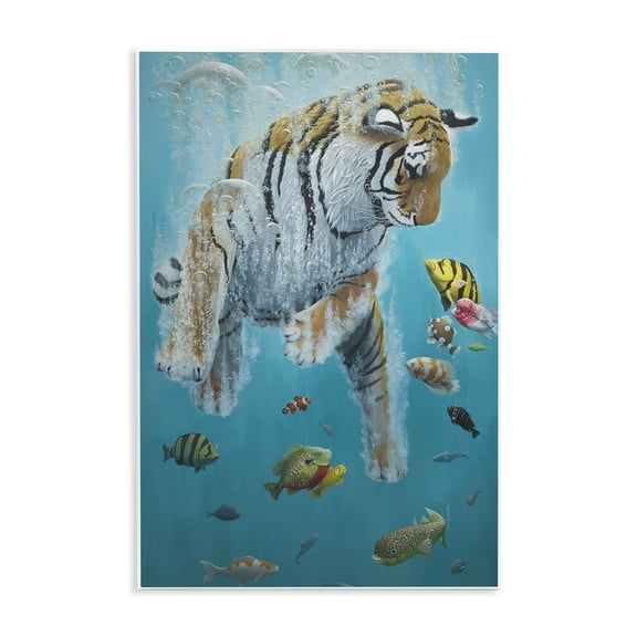 Stupell Industries Swimming Tiger Among Fish Animals Painting Unframed Art Print Wall Art, 10 x 15