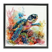 Stupell Industries Swimming Turtle Undersea Animals Painting Black Floater Framed Canvas Art Print Wall Art, 18 x 18