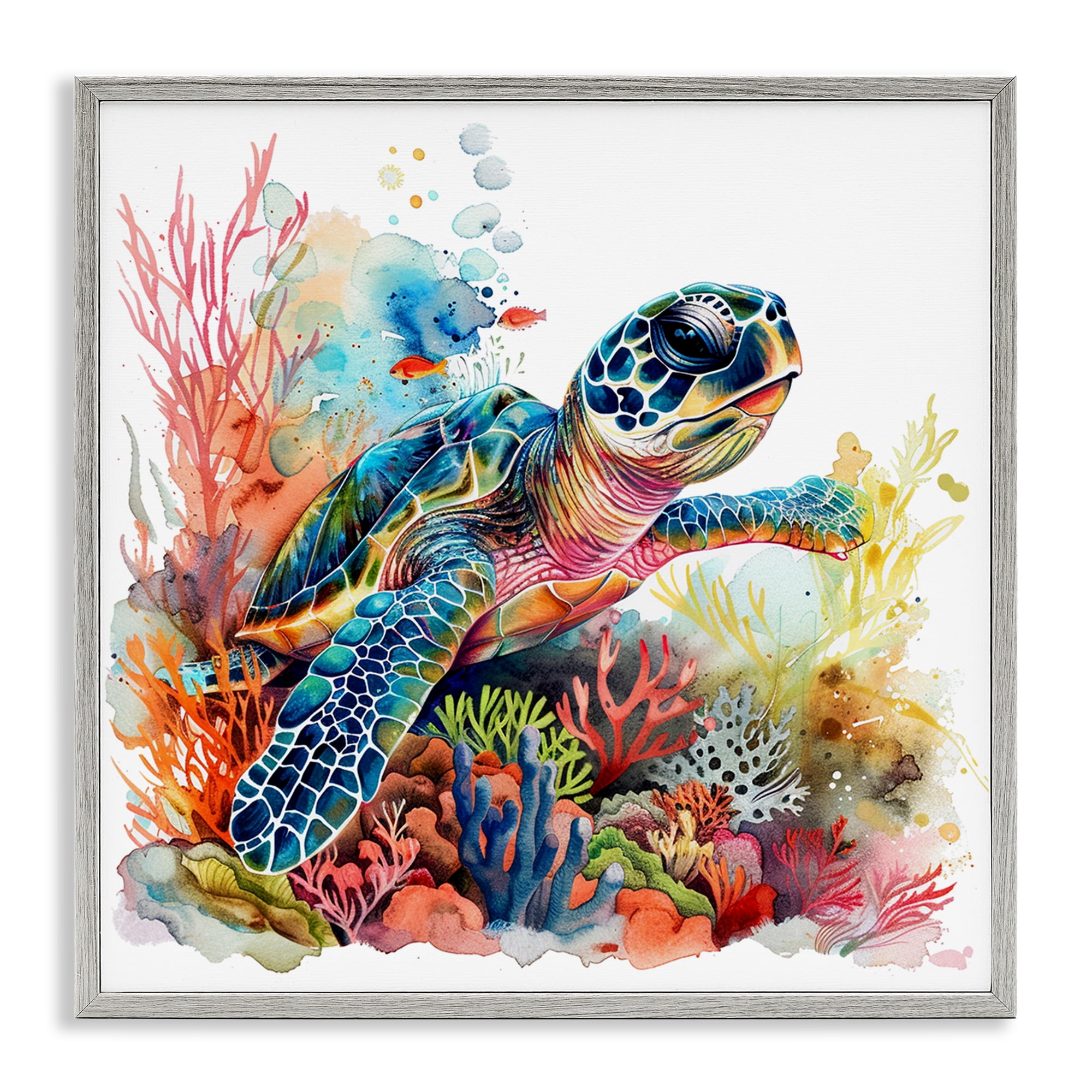 Stupell Industries Swimming Turtle Undersea Animals Painting Gray Framed Art Print Wall Art, 17 x 17
