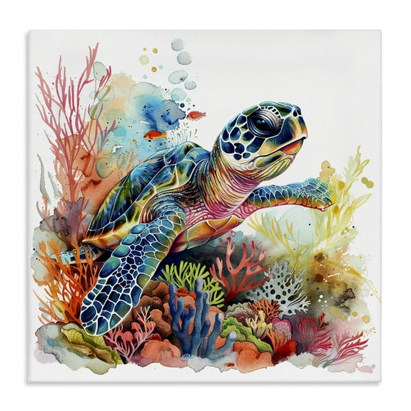 Stupell Industries Swimming Turtle Undersea Animals Painting Wrapped Canvas Art Print Wall Art, 30 x 30