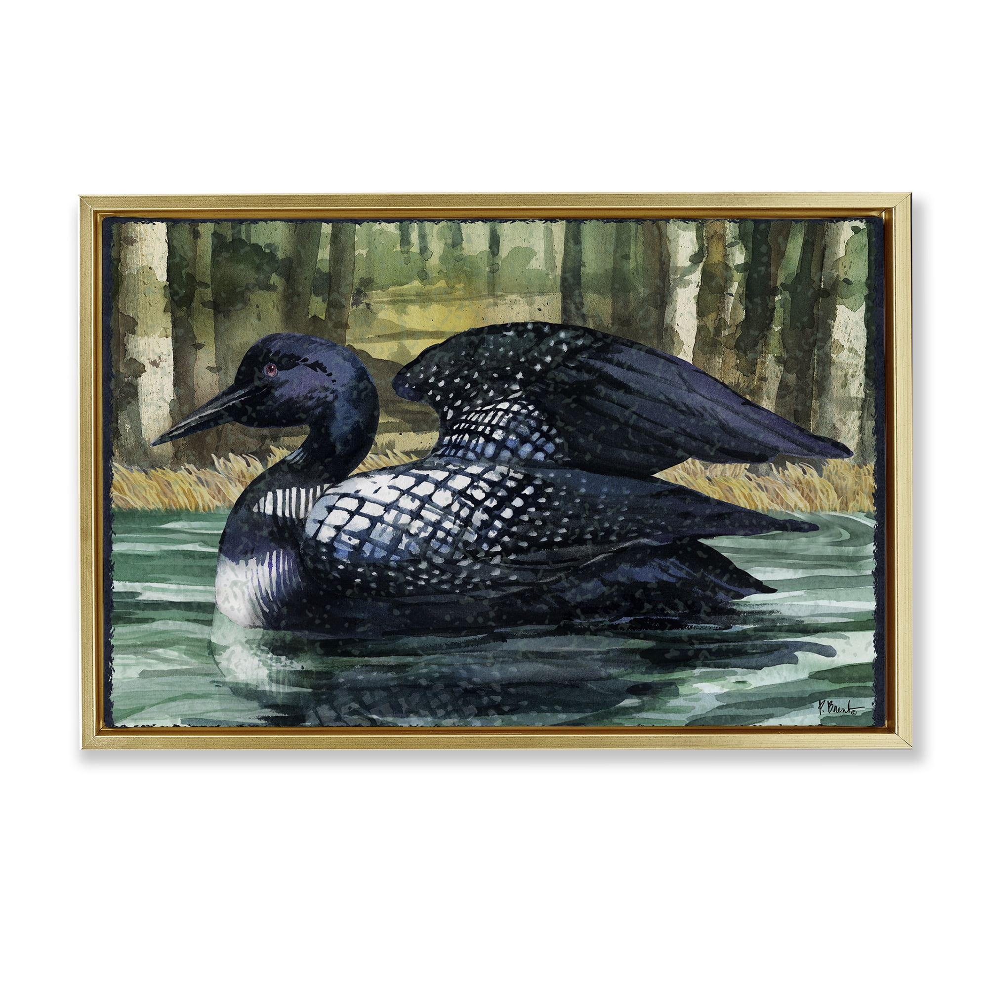 Stupell Industries Swimming Woodland Loon Animals Painting Gold Floater Framed Canvas Art Print Wall Art, 25 x 17