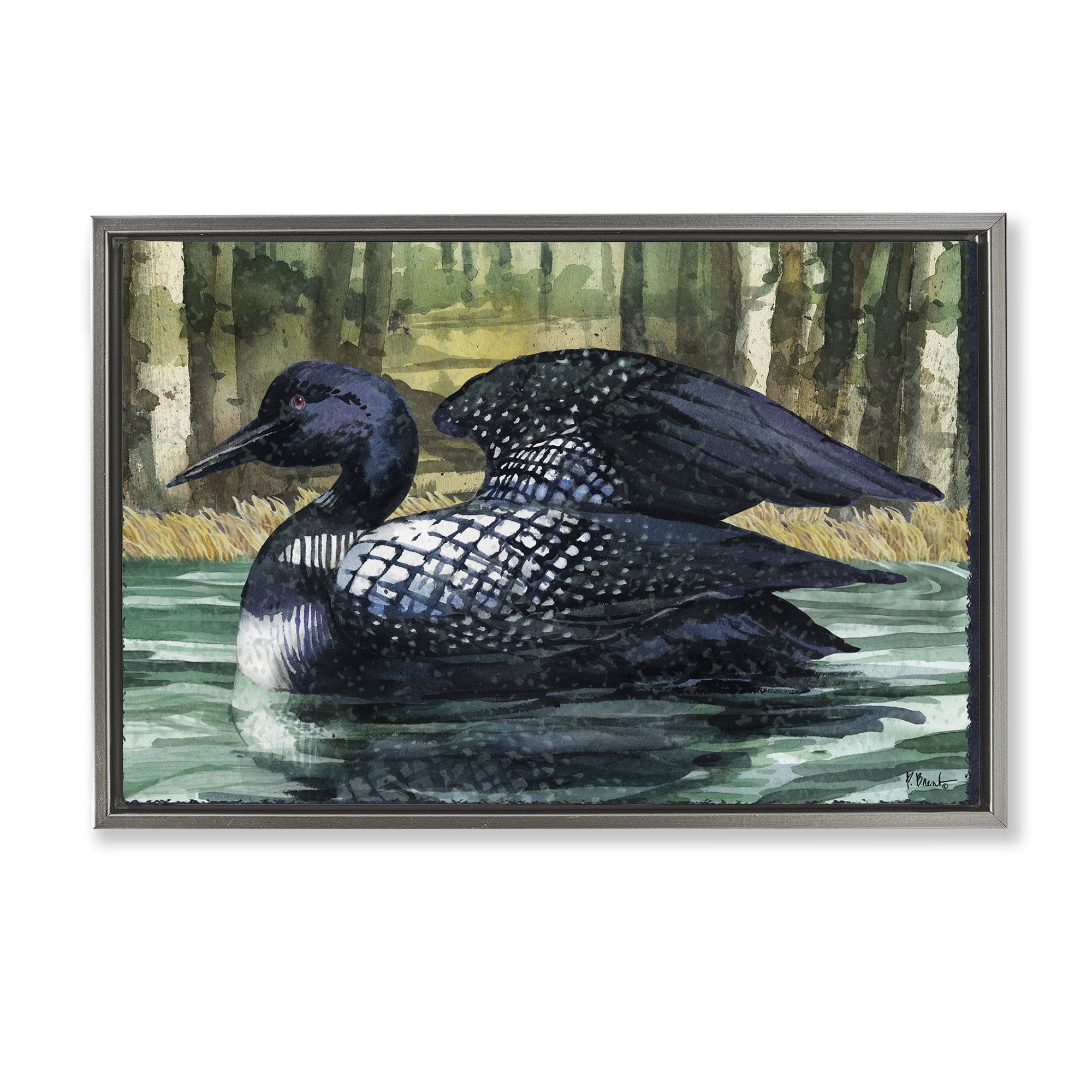 Stupell Industries Swimming Woodland Loon Animals Painting Gray Floater Framed Canvas Art Print Wall Art, 25 x 17