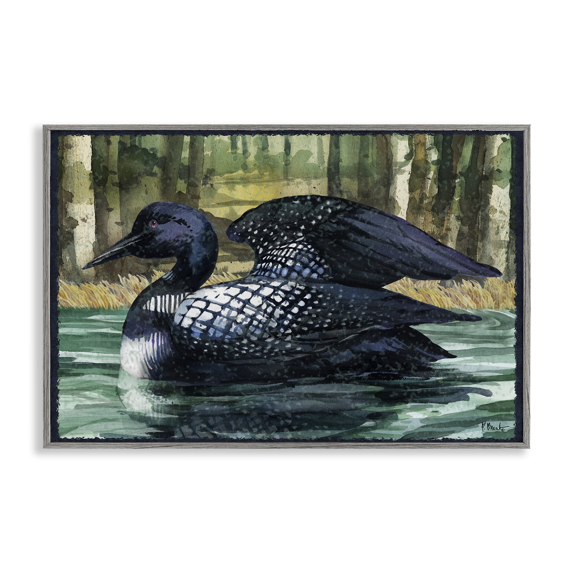 Stupell Industries Swimming Woodland Loon Animals Painting Gray Framed Art Print Wall Art, 30 x 20