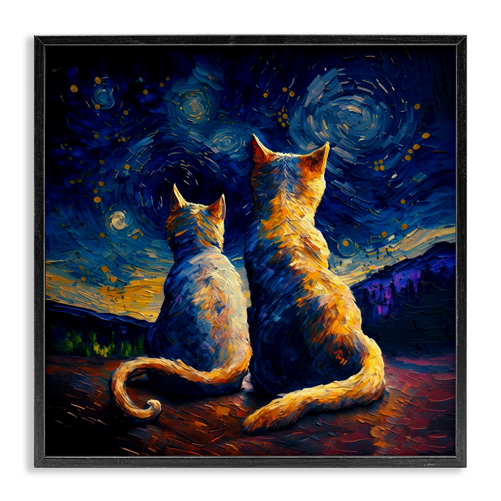 Stupell Industries Swirled Night Sky Cats Animals Painting Black Framed Art Print Wall Art, 24 x 24