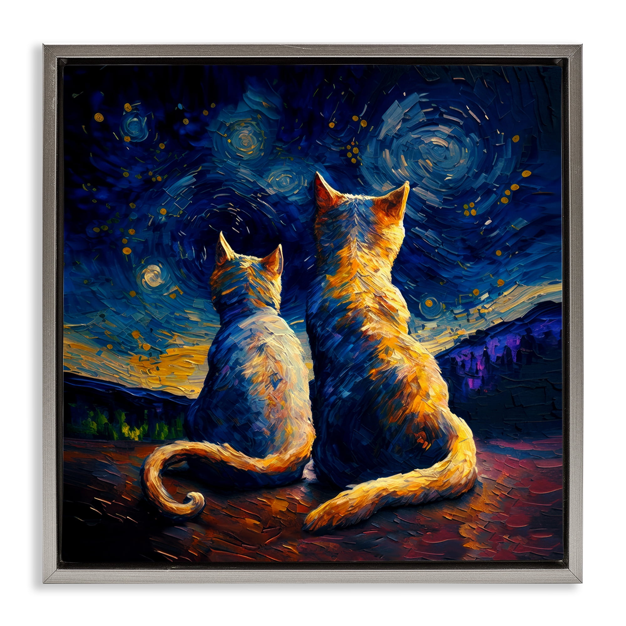 Stupell Industries Swirled Night Sky Cats Animals Painting Gray Floater Framed Canvas Art Print Wall Art, 18 x 18