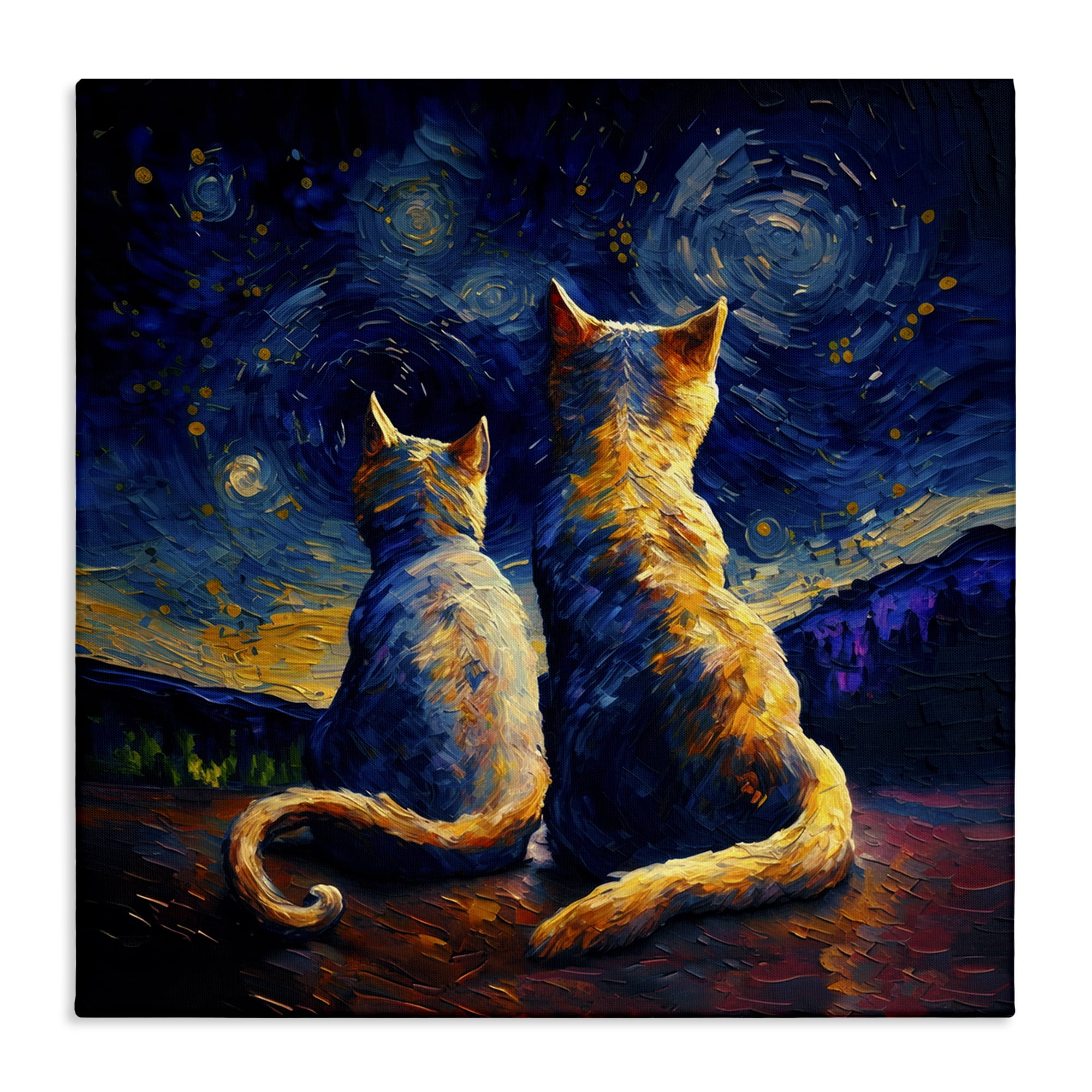 Stupell Industries Swirled Night Sky Cats Animals Painting Wrapped Canvas Art Print Wall Art, 17 x 17