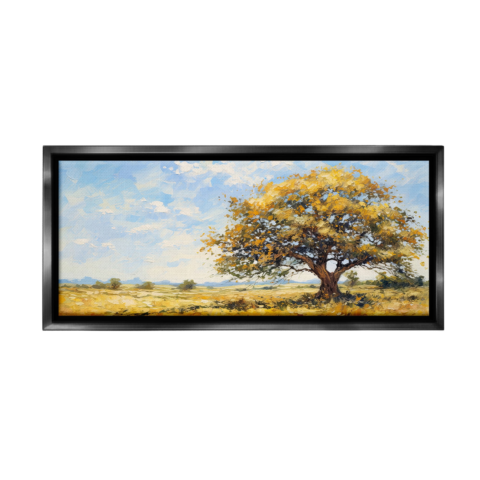 Stupell Industries Sycamore Tree in Field Landscape Painting Black Floater Framed Canvas Art Print Wall Art, 31 x 14