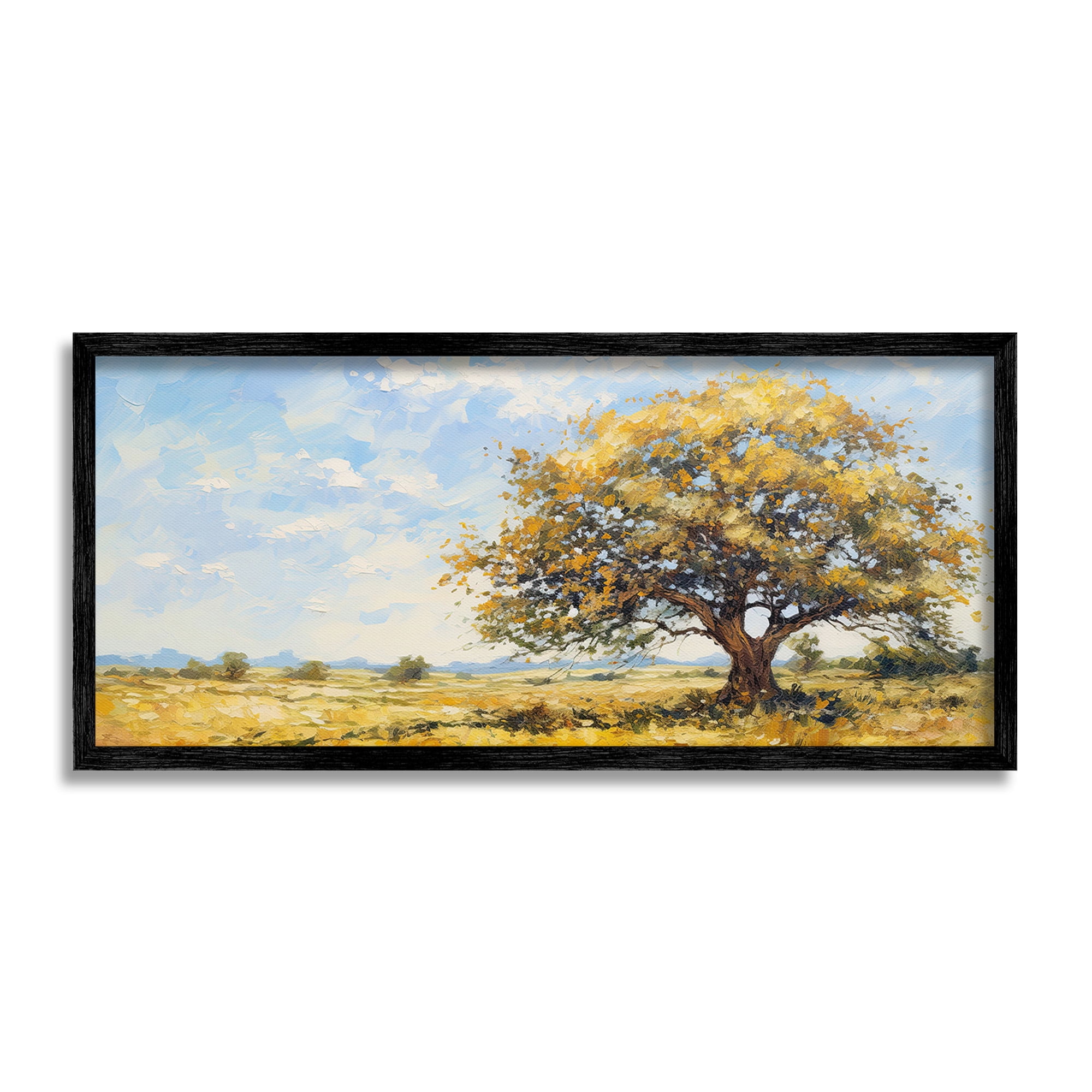 Stupell Industries Sycamore Tree in Field Landscape Painting Black Framed Art Print Wall Art, 30 x 13