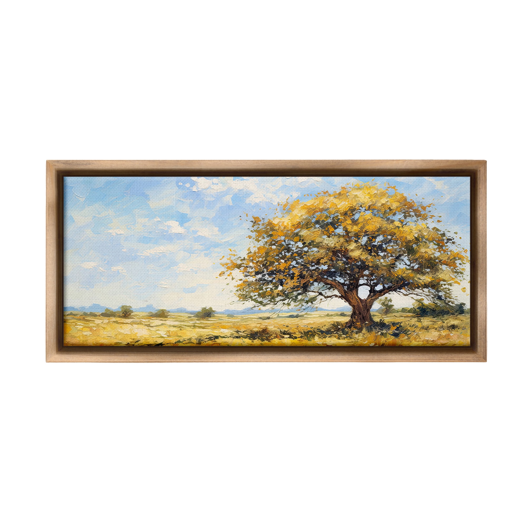 Stupell Industries Sycamore Tree in Field Landscape Painting Brown Floater Framed Canvas Art Print Wall Art, 25 x 11
