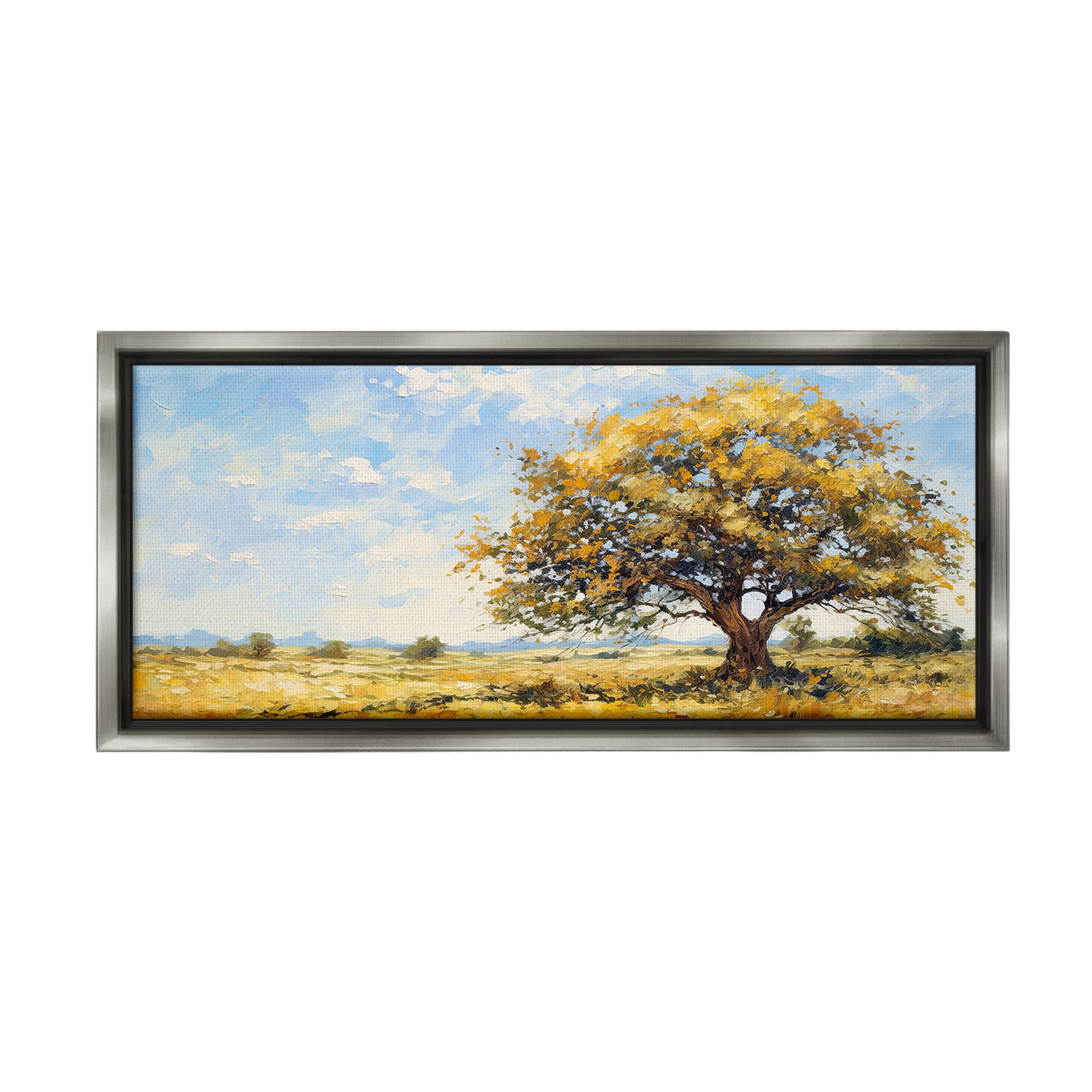 Stupell Industries Sycamore Tree in Field Landscape Painting Gray Floater Framed Canvas Art Print Wall Art, 31 x 14