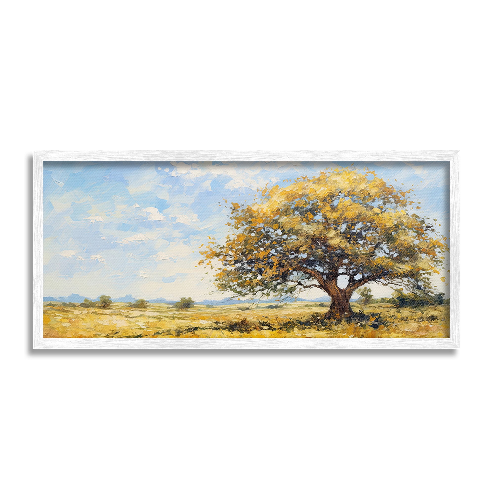 Stupell Industries Sycamore Tree in Field Landscape Painting White Framed Art Print Wall Art, 30 x 13