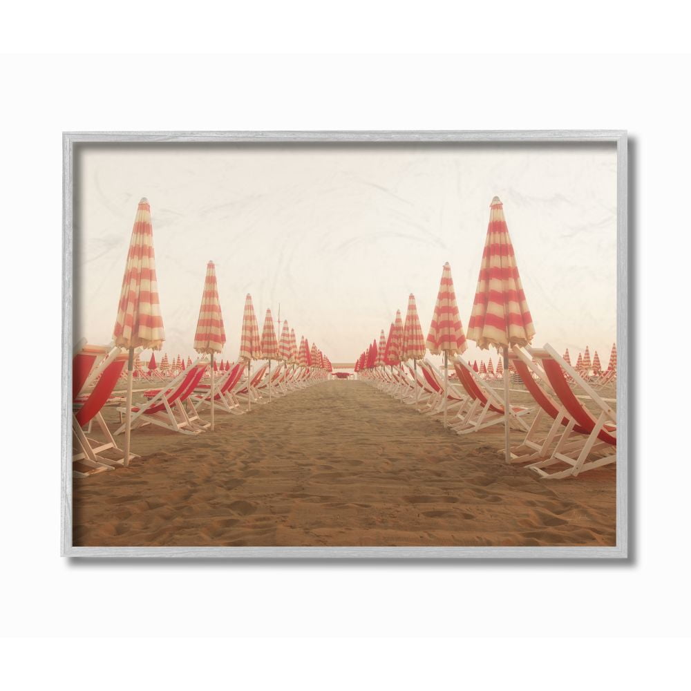 Stupell Industries Symmetric Beach Chairs on Sand Red Tan Photograph Framed Wall Art Design by Aledanda, 11" x 14", Gray Framed