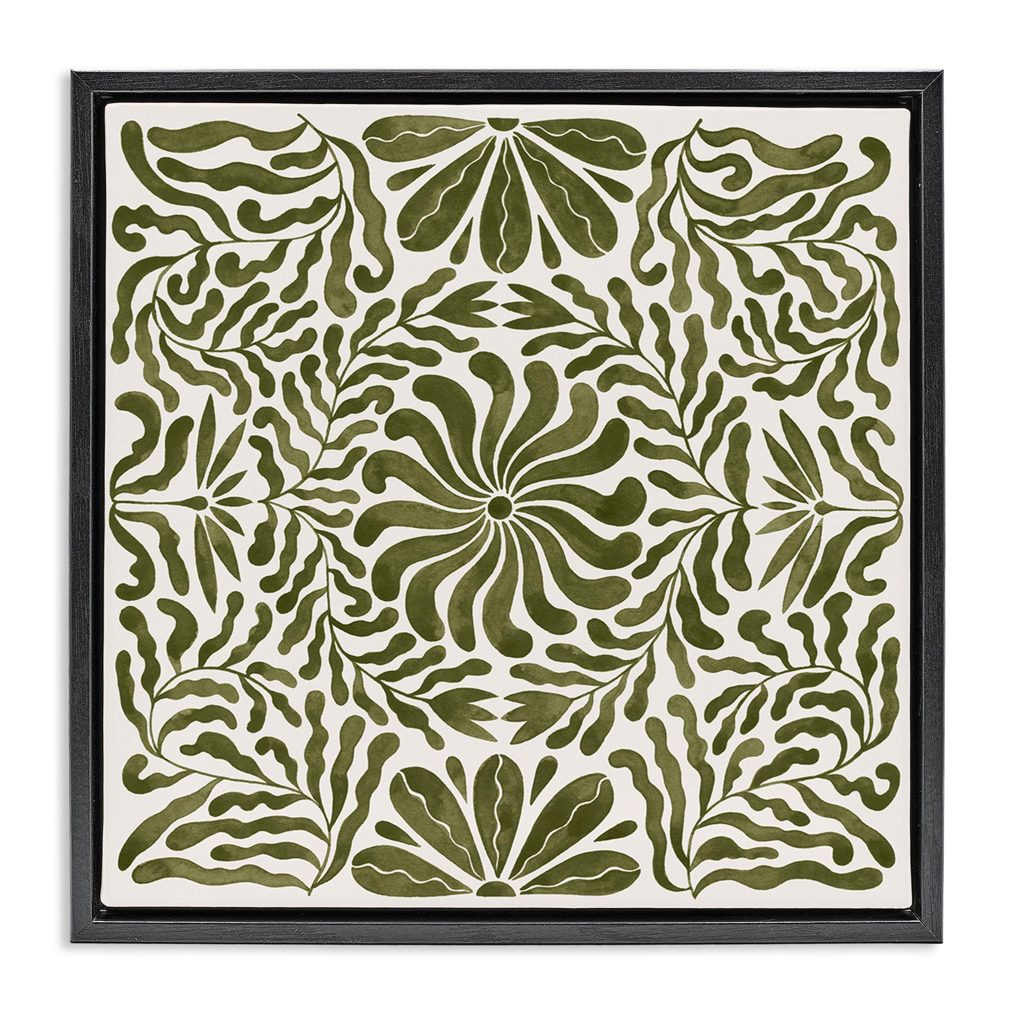 Stupell Industries Symmetric Flower Pattern Abstract Painting Black Floater Framed Canvas Art Print Wall Art, 25 x 25