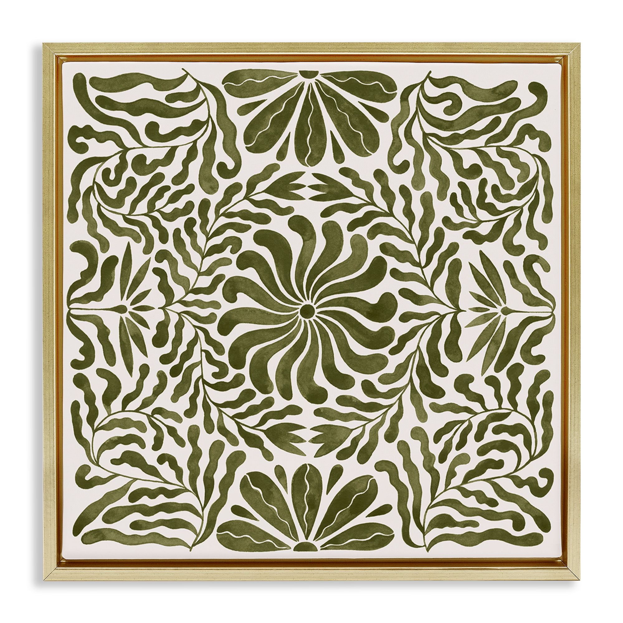 Stupell Industries Symmetric Flower Pattern Abstract Painting Gold Floater Framed Canvas Art Print Wall Art, 18 x 18