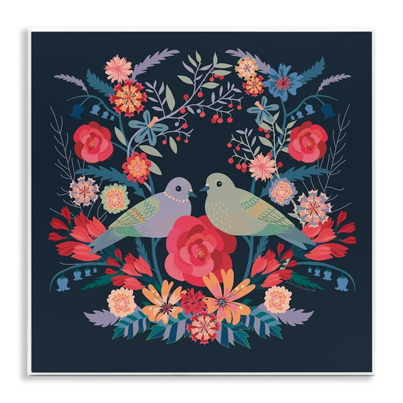 Stupell Industries Symmetrical Birds & Flowers Floral Painting Unframed Art Print Wall Art, 12 x 12
