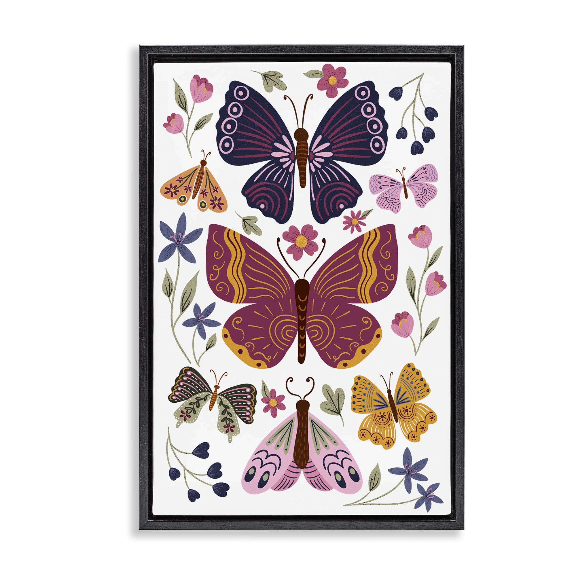 Stupell Industries Symmetrical Butterflies & Flowers Animals Painting Black Floater Framed Canvas Art Print Wall Art, 17 x 25
