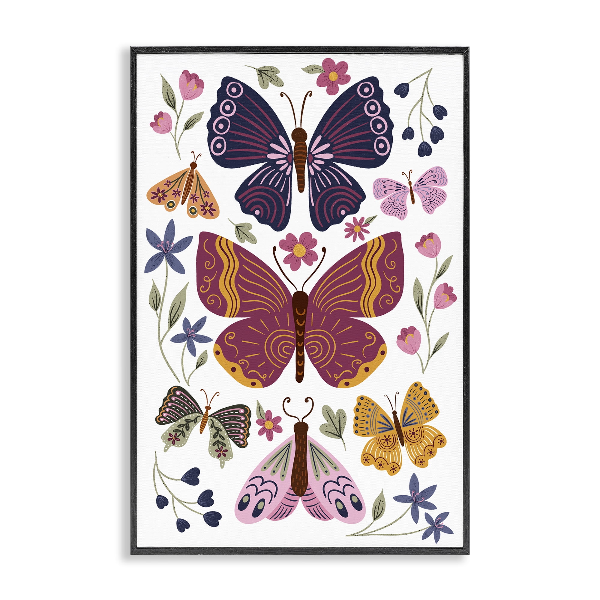 Stupell Industries Symmetrical Butterflies & Flowers Animals Painting Black Framed Art Print Wall Art, 12 x 18