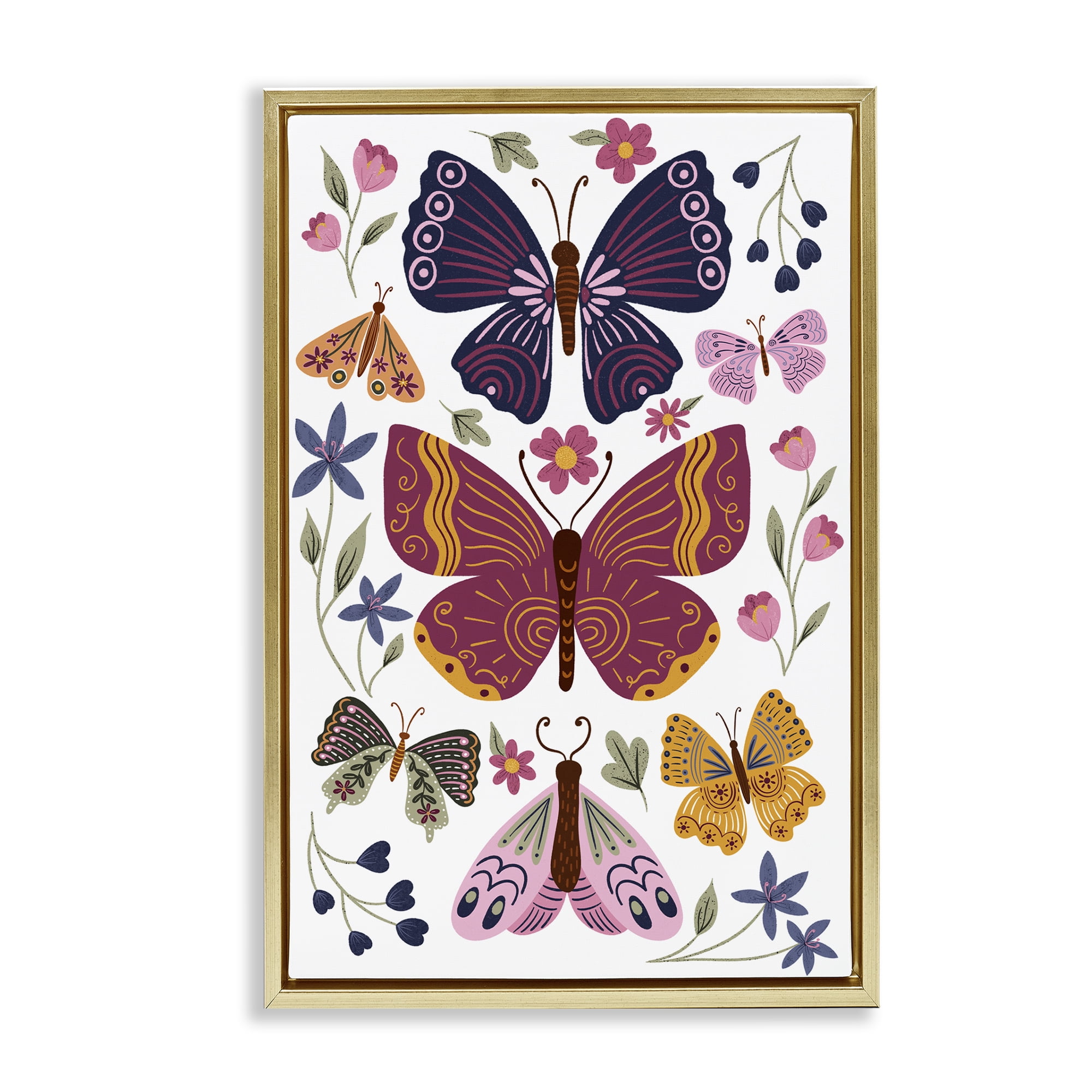 Stupell Industries Symmetrical Butterflies & Flowers Animals Painting Gold Floater Framed Canvas Art Print Wall Art, 17 x 25