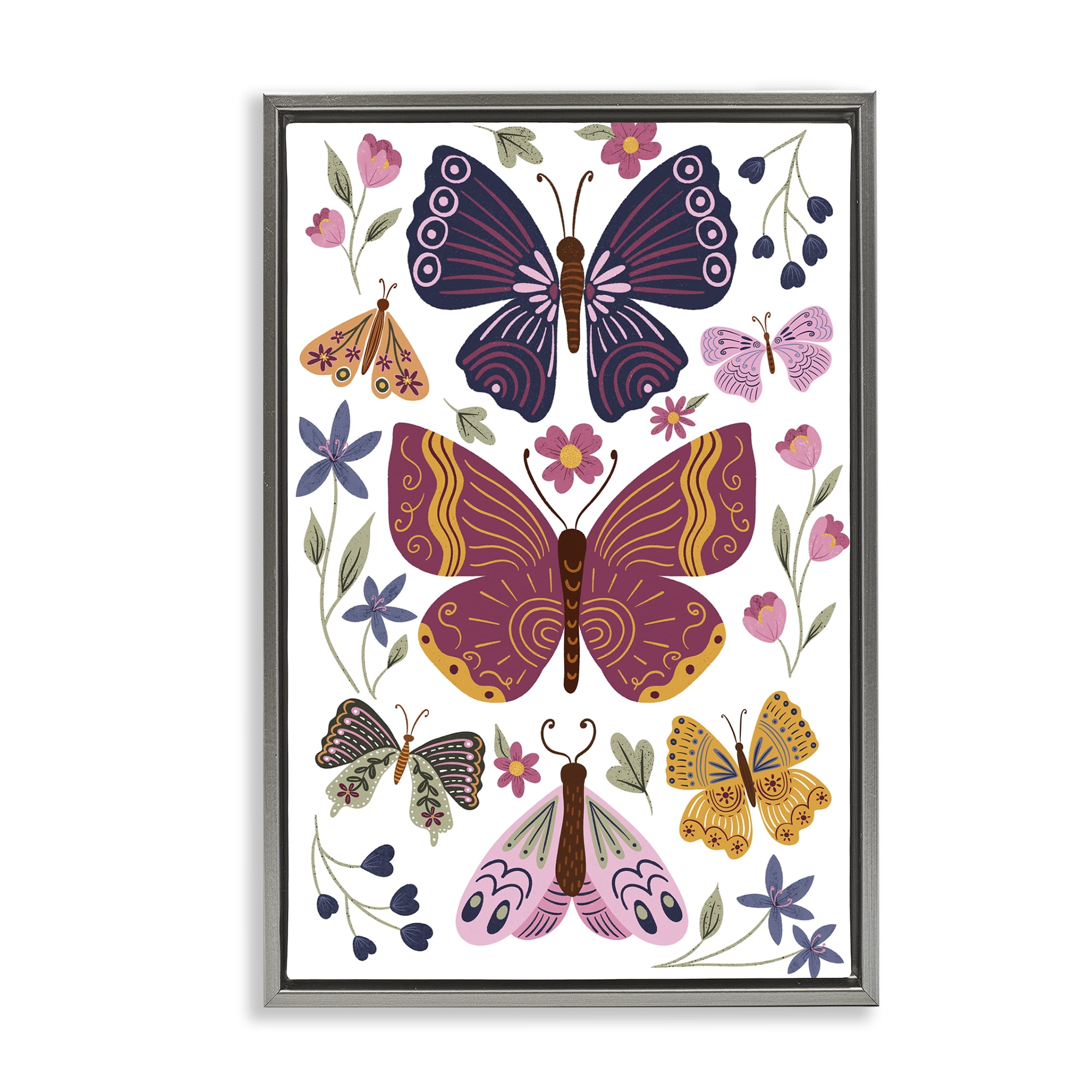 Stupell Industries Symmetrical Butterflies & Flowers Animals Painting Gray Floater Framed Canvas Art Print Wall Art, 21 x 31