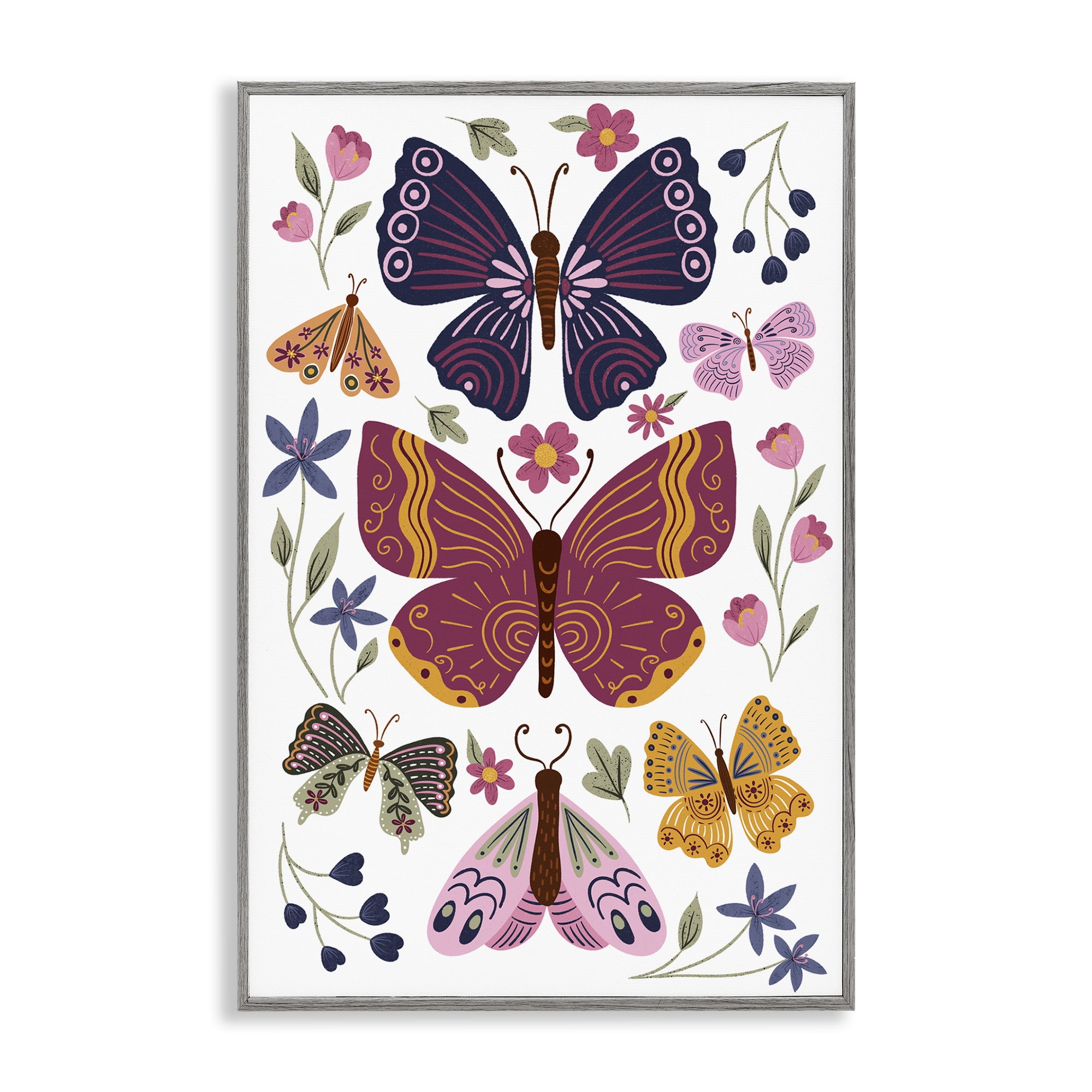 Stupell Industries Symmetrical Butterflies & Flowers Animals Painting Gray Framed Art Print Wall Art, 20 x 30
