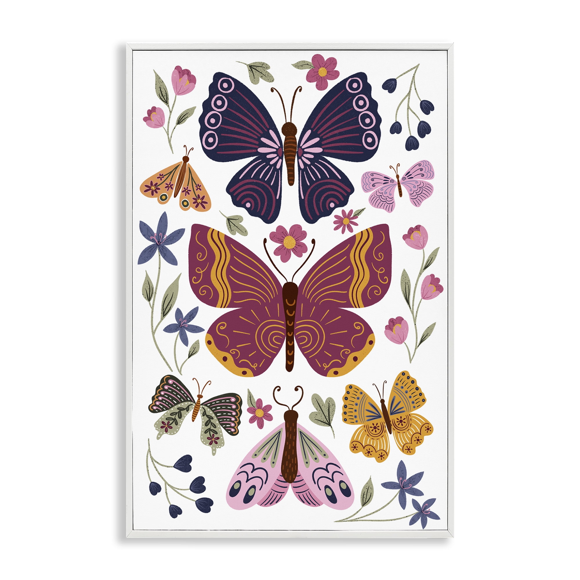 Stupell Industries Symmetrical Butterflies & Flowers Animals Painting White Framed Art Print Wall Art, 12 x 18