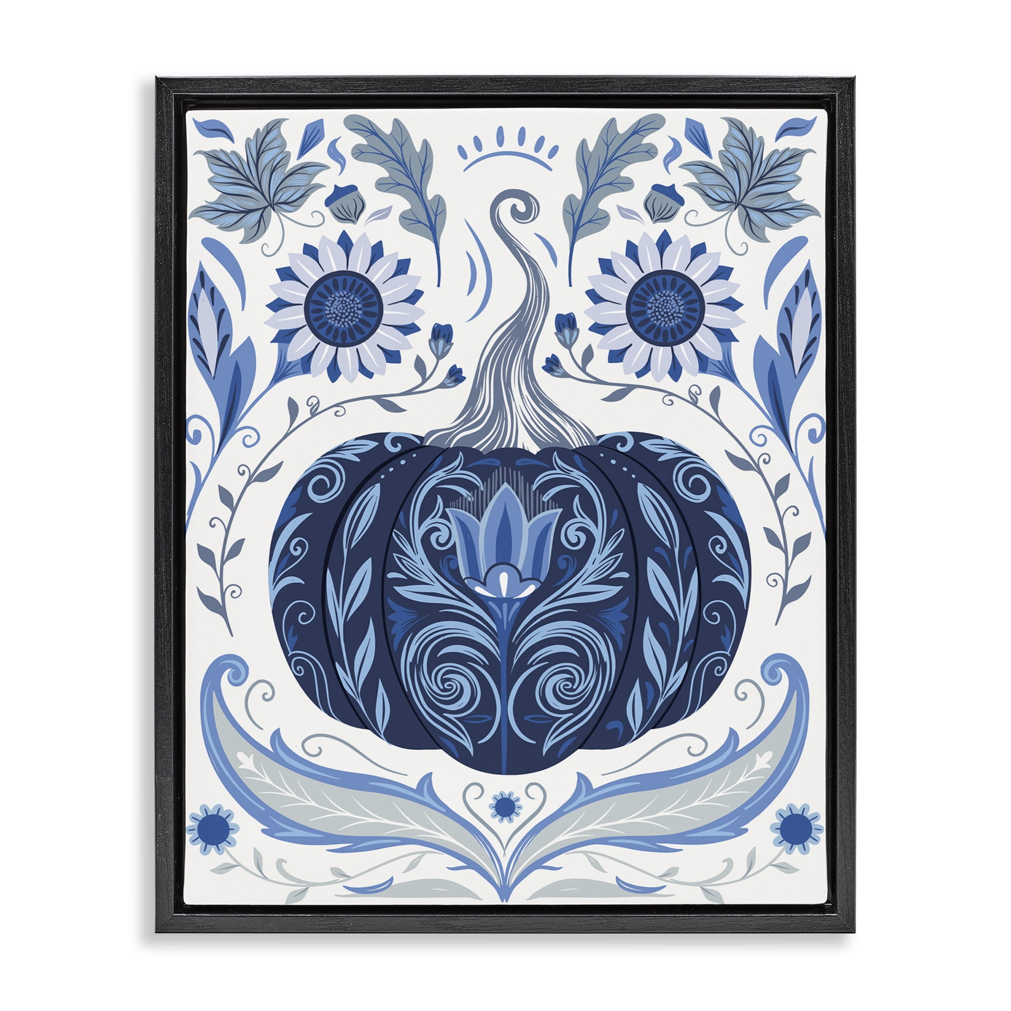 Stupell Industries Symmetrical Floral Pumpkin Plants & Flowers Painting Black Floater Framed Canvas Art Print Wall Art, 25 x 31