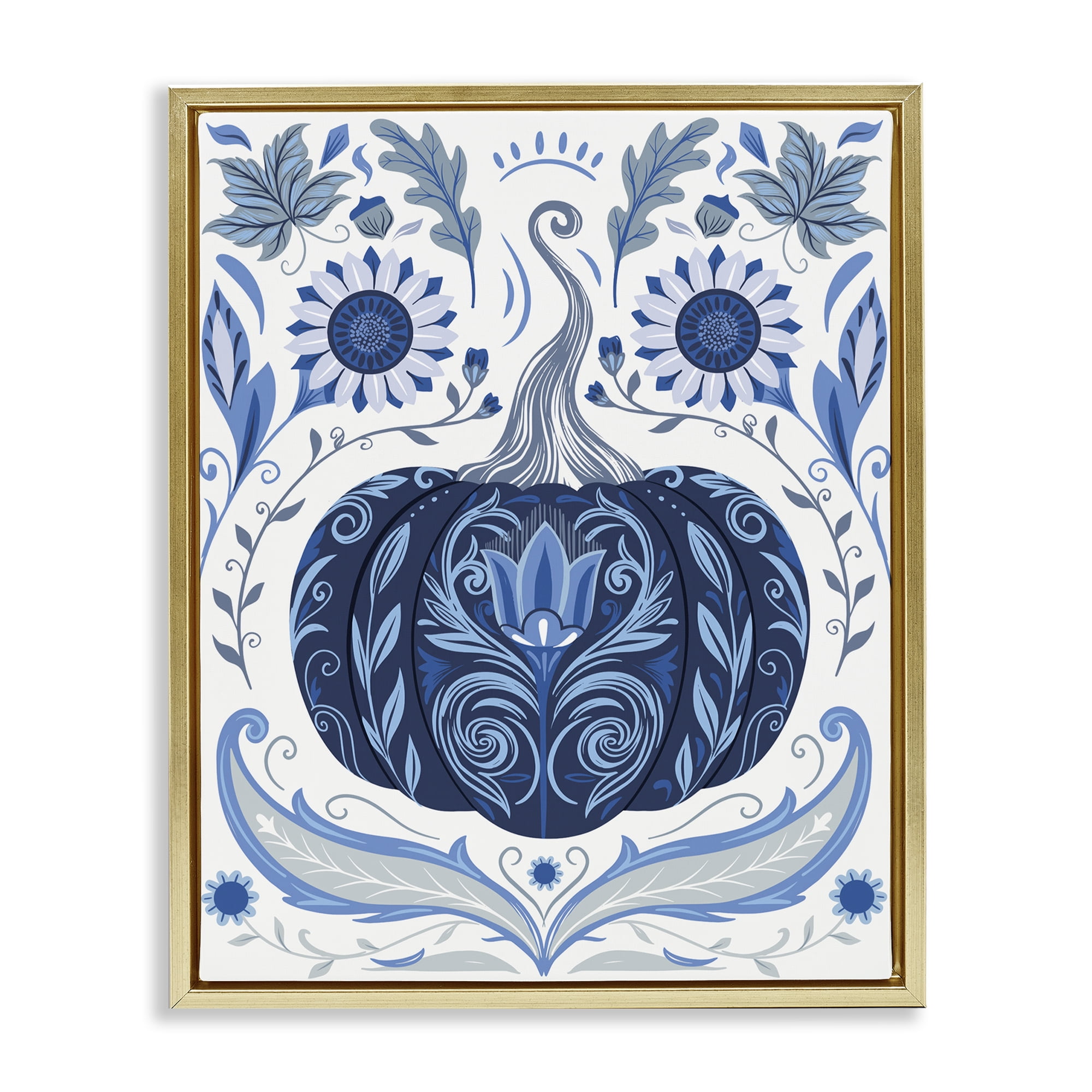 Stupell Industries Symmetrical Floral Pumpkin Plants & Flowers Painting Gold Floater Framed Canvas Art Print Wall Art, 25 x 31
