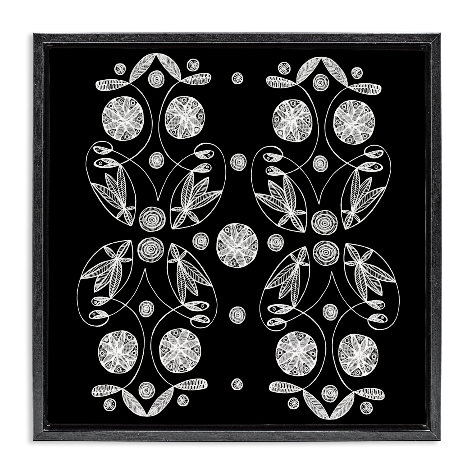 Stupell Industries Symmetrical Flower-Like Patterns Black Framed Floater Canvas Wall Art, design by El Perkin