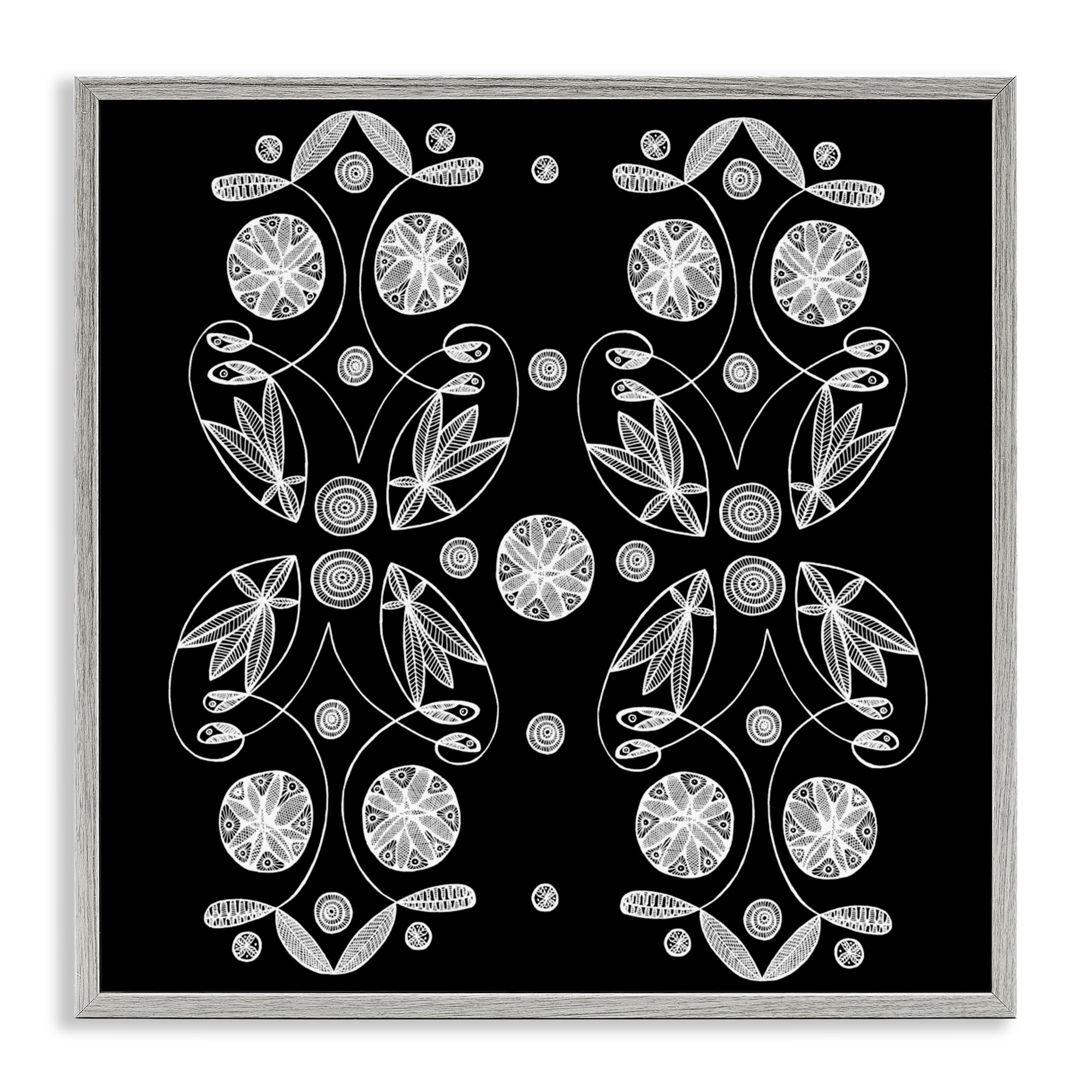 Stupell Industries Symmetrical Flower-Like Patterns Gray Framed Giclee Art, design by El Perkin