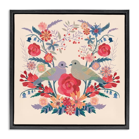 Stupell Industries Symmetrical Folk Flowers & Birds Floral Painting Black Floater Framed Canvas Art Print Wall Art, 25 x 25