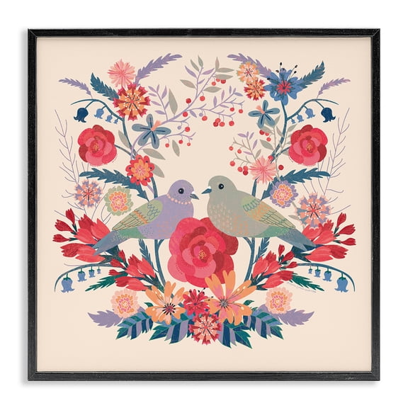 Stupell Industries Symmetrical Folk Flowers & Birds Floral Painting Black Framed Art Print Wall Art, 17 x 17