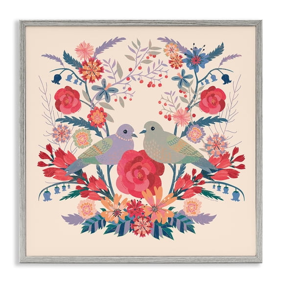 Stupell Industries Symmetrical Folk Flowers & Birds Floral Painting Gray Framed Art Print Wall Art, 17 x 17