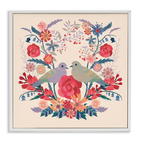 Stupell Industries Symmetrical Folk Flowers & Birds Floral Painting White Framed Art Print Wall Art, 12 x 12