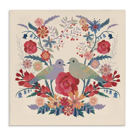 Stupell Industries Symmetrical Folk Flowers & Birds Floral Painting Wrapped Canvas Canvas Art Print Wall Art, 30 x 30