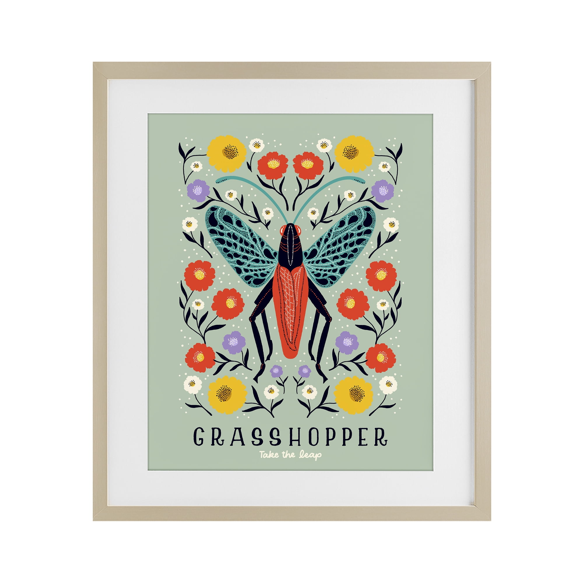 Stupell Industries Symmetrical Grasshopper with Blooms Birch Framed Print Under Glass, design by Indira Prieto | IndySign