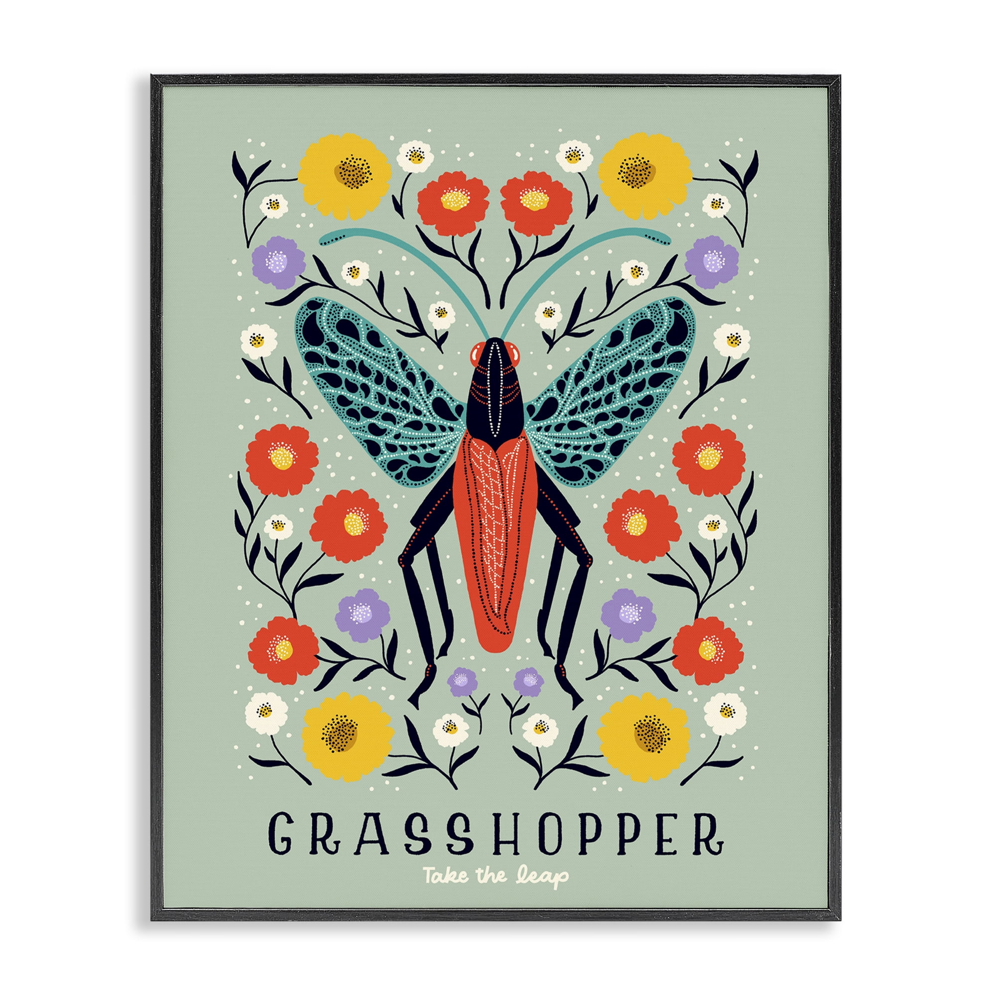Stupell Industries Symmetrical Grasshopper with Blooms Black Framed Giclee Art, design by Indira Prieto | IndySign