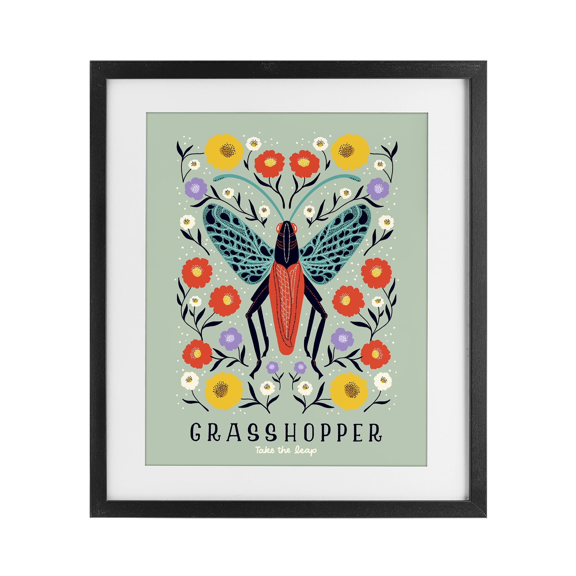 Stupell Industries Symmetrical Grasshopper with Blooms Black Framed Print Under Glass, design by Indira Prieto | IndySign