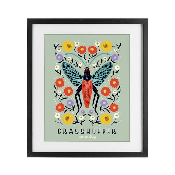 Stupell Industries Eclectic Symmetrical Grasshopper with Blooms Black Framed Print Under Glass, 17 x 21, by Indira Prieto | IndySign