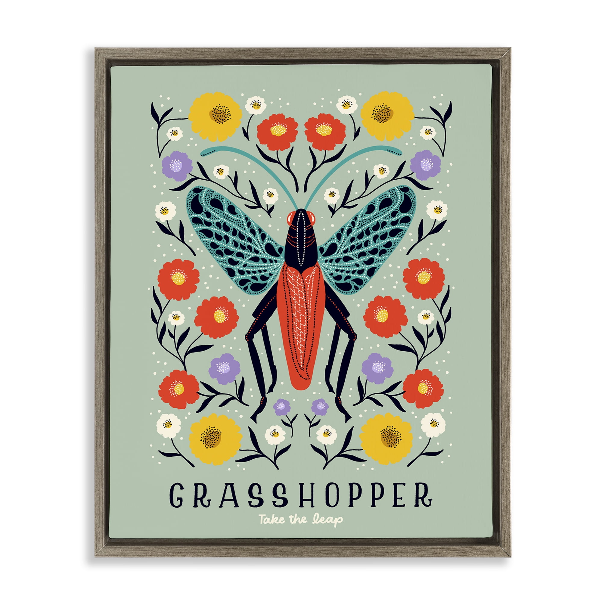 Stupell Industries Symmetrical Grasshopper with Blooms Brown Framed Floater Canvas Wall Art, design by Indira Prieto | IndySign