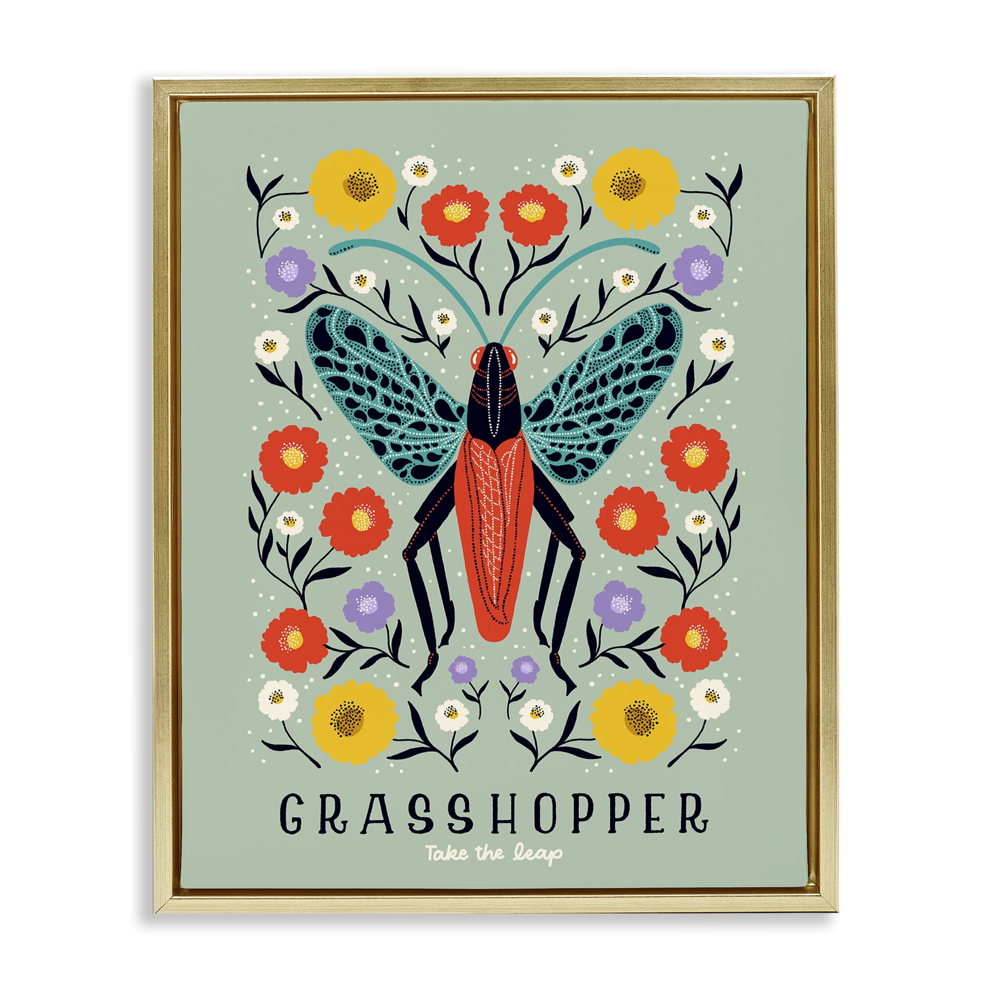 Stupell Industries Symmetrical Grasshopper with Blooms Gold Framed Floater Canvas Wall Art, design by Indira Prieto | IndySign