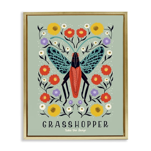 Stupell Industries Eclectic Symmetrical Grasshopper with Blooms Gold Floating Frame Canvas Art, 17 x 21, by Indira Prieto | IndySign