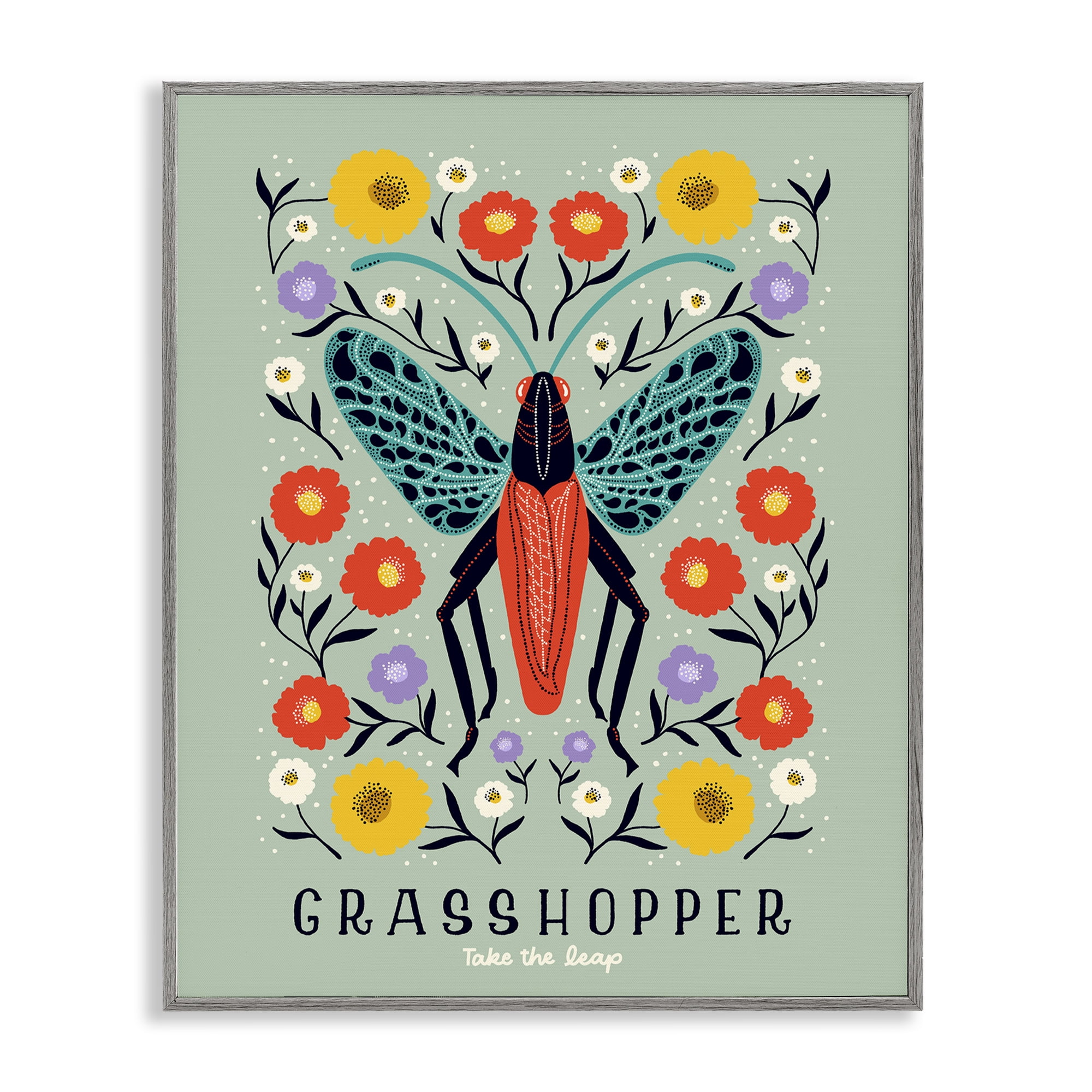 Stupell Industries Symmetrical Grasshopper with Blooms Gray Framed Giclee Art, design by Indira Prieto | IndySign